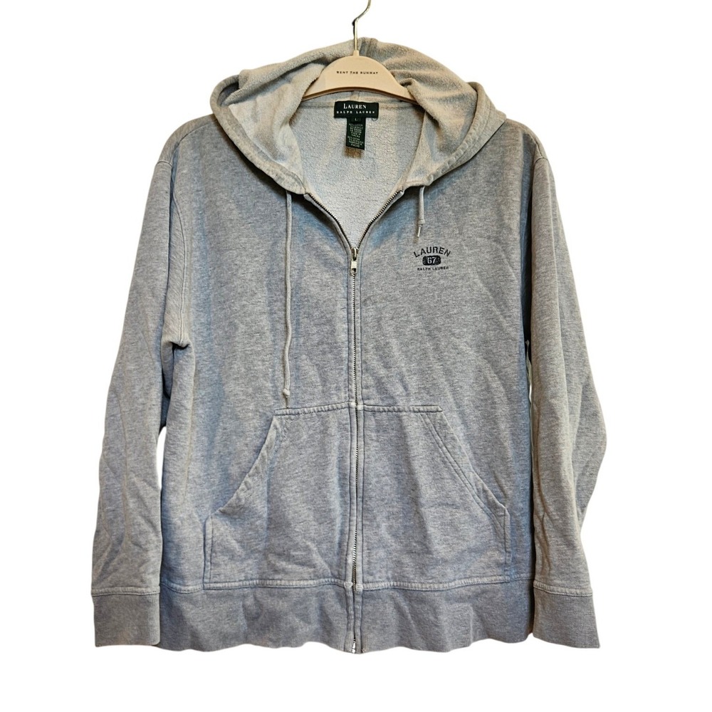 Lauren Ralph Lauren Womens‎ Gray Full Zip Hoodie Cotton Blend Logo Sweatshirt L